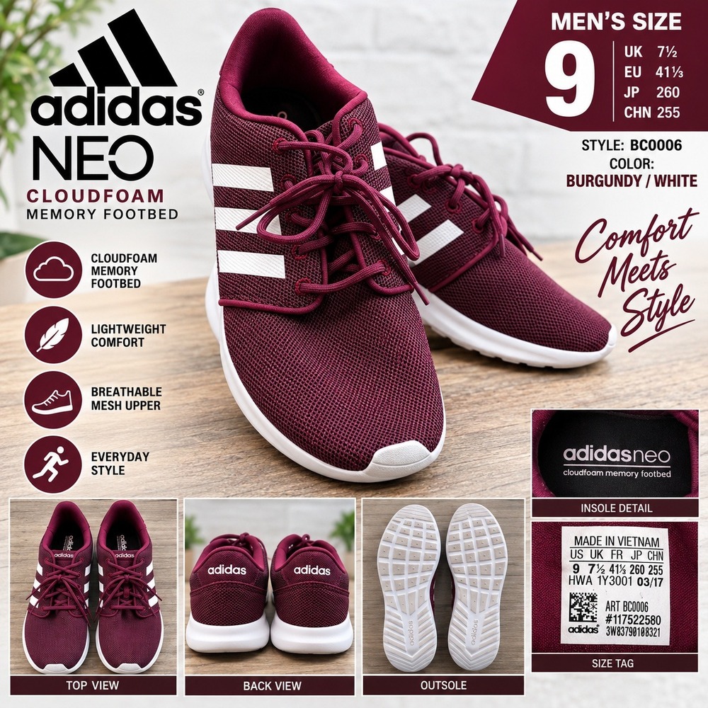 Adidas NEO Cloudfoam Lite Racer Mens 9 Burgundy White Sneakers BC0006